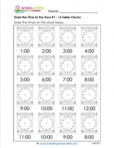 Draw the Time to the Hour #1 - 16 Square Clocks