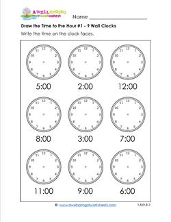 Draw the Time to the Hour #1 - 9 Wall Clocks