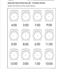 Draw the Time to the Hour #2 - 12 Alarm Clocks