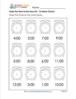 Draw the Time to the Hour #2 - 12 Alarm Clocks