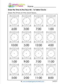 Draw the Time to the Hour #2 - 16 Square Clocks