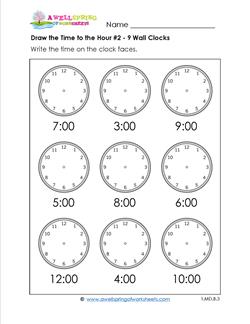 Draw the Time to the Hour #2 - 9 wall Clocks
