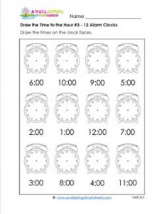 Draw the Time to the Hour #3 - 12 Alarm Clocks