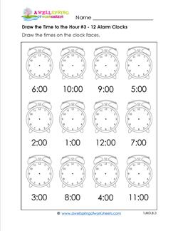 Draw the Time to the Hour #3 - 12 Alarm Clocks
