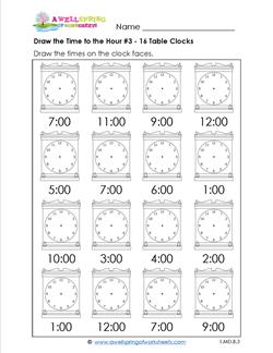 Draw the Time to the Hour #3 - 16 Square Clocks