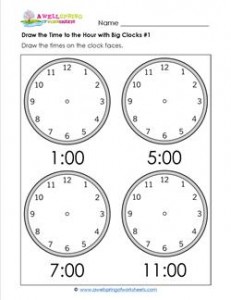 Draw the Time to the Hour #1 - Clock Worksheets with 4 Large Clocks
