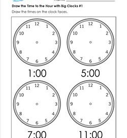 Draw the Time to the Hour #1 - Clock Worksheets with 4 Large Clocks