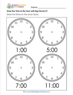 Draw the Time to the Hour #1 - Clock Worksheets with 4 Large Clocks