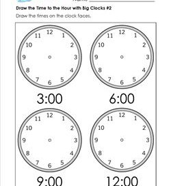 Draw the Time to the Hour #2 - Clock Worksheets with 4 Large Clocks