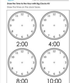 Draw the Time to the Hour #2 - Clock Worksheets with 4 Large Clocks