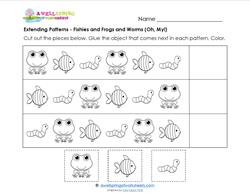 Extending Patterns - Fishies, Frogs, and Worms - Patterns Worksheets