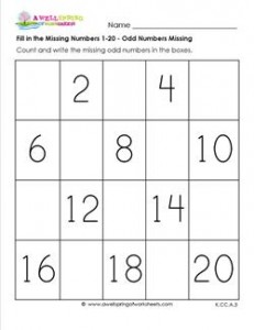 fill in the missing number 1-20 - odd numbers missing