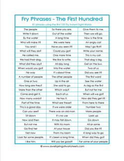 Fry Phrases - The First 100 - First Grade Sight Words