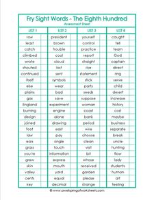 fry sight word assessment - the eighth 100