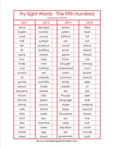 fry sight word assessment - the fifth 100