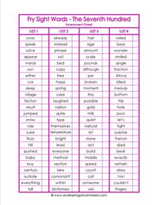 fry sight word assessment - the seventh 100