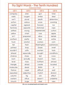 fry sight word assessment - the tenth 100