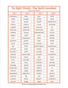 fry sight word assessment - the tenth 100