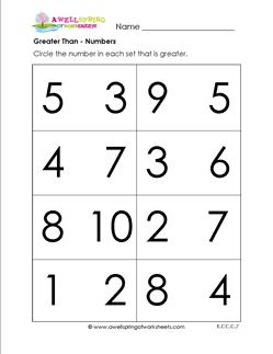 Greater Than - Numbers - Comparison Worksheets