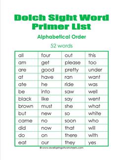 kindergarten dolch word list - alphabetical order