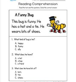 Kindergarten Reading Comprehension - A Funny Bug. Three multiple choice reading comprehension questions.