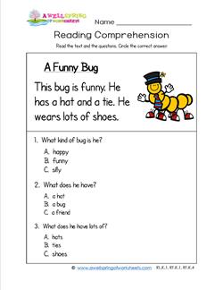 Kindergarten Reading Comprehension - A Funny Bug. Three multiple choice reading comprehension questions.