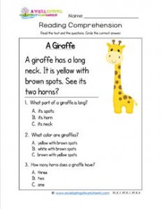 Kindergarten Reading Comprehension - A Giraffe. Three multiple choice reading comprehension questions.