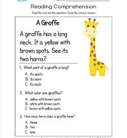 Kindergarten Reading Comprehension - A Giraffe. Three multiple choice reading comprehension questions.