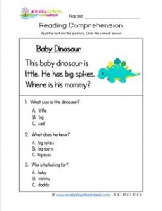 Kindergarten Reading Comprehension - Baby Dinosaur. Three multiple choice reading comprehension questions.