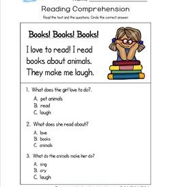 Kindergarten Reading Comprehension - Books! Books! Books! Three multiple choice reading comprehension questions.