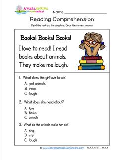 Kindergarten Reading Comprehension - Books! Books! Books! Three multiple choice reading comprehension questions.