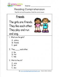 Kindergarten Reading Comprehension - Friends. Three multiple choice reading comprehension questions.