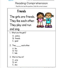 Kindergarten Reading Comprehension - Friends. Three multiple choice reading comprehension questions.