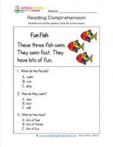 Kindergarten Reading Comprehension - Fun Fish. Three multiple choice reading comprehension questions.