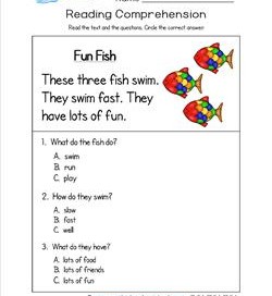 Kindergarten Reading Comprehension - Fun Fish. Three multiple choice reading comprehension questions.