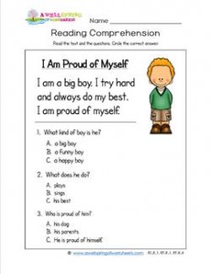 Kindergarten Reading Comprehension - I Am Proud of Myself. Three multiple choice reading comprehension questions.