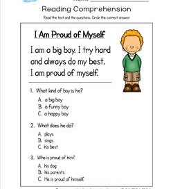 Kindergarten Reading Comprehension - I Am Proud of Myself. Three multiple choice reading comprehension questions.