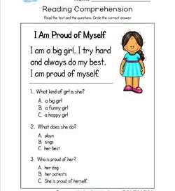 Kindergarten Reading Comprehension - I Am Proud of Myself. Three multiple choice reading comprehension questions.