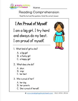 Kindergarten Reading Comprehension - I Am Proud of Myself. Three multiple choice reading comprehension questions.