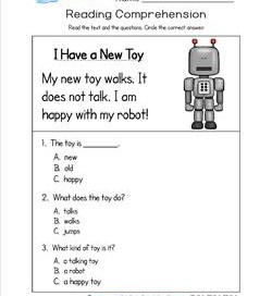 Kindergarten Reading Comprehension - I Have a New Toy. Three multiple choice reading comprehension questions.