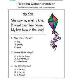 Kindergarten Reading Comprehension - My Kite. Three multiple choice reading comprehension questions.