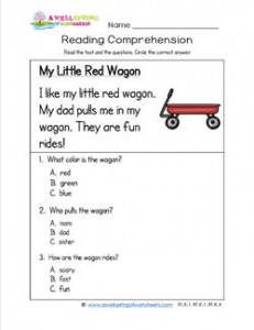 Kindergarten Reading Comprehension - My Little Red Wagon. Three multiple choice reading comprehension questions.