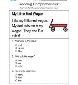 Kindergarten Reading Comprehension - My Little Red Wagon. Three multiple choice reading comprehension questions.
