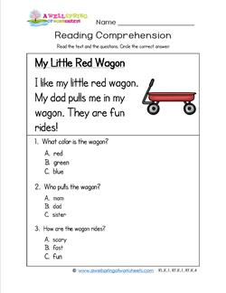 Kindergarten Reading Comprehension - My Little Red Wagon. Three multiple choice reading comprehension questions.