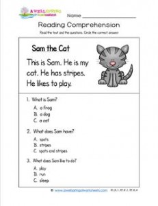 Kindergarten Reading Comprehension - Sam the Cat. Three multiple choice reading comprehension questions.