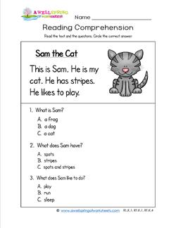 Kindergarten Reading Comprehension - Sam the Cat. Three multiple choice reading comprehension questions.