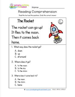 Kindergarten Reading Comprehension - The Rocket. Three multiple choice reading comprehension questions.