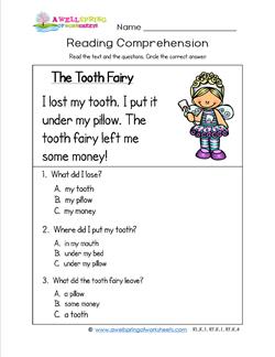 kindergarten reading comprehension the tooth fairy - Kindergarten Reading Comprehension Worksheets Pdf Free