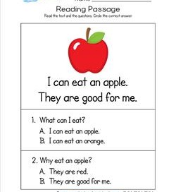 Kindergarten Reading Passages - Apple. A Kindergarten Reading Comprehension Worksheet.