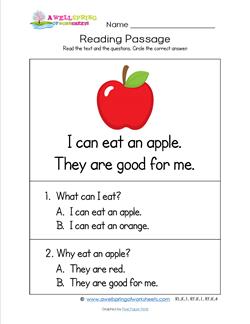 Kindergarten Reading Passages - Apple. A Kindergarten Reading Comprehension Worksheet.